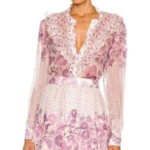 Hemant and Nandita Suki Chiffon Shirt L White Pink Ruffle Trim Bishop Sleeve